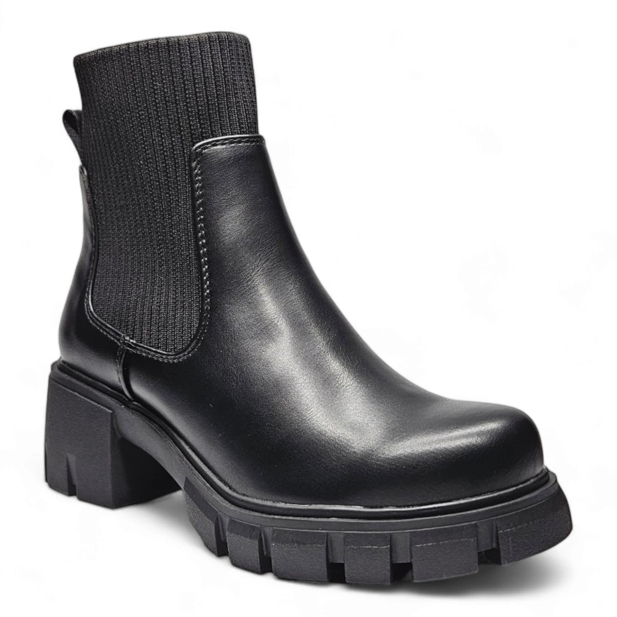 Black leather Elastic Shaft Lug Bootie with chunky sole and knit fabric upper