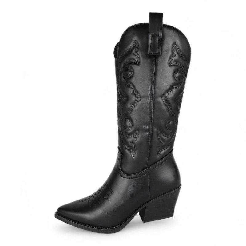 Black leather cowboy boot with pointed toe and decorative stitching from Country Girl Charm