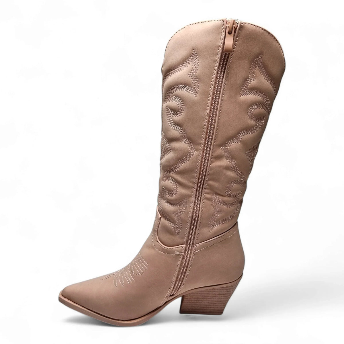 Beige leather cowboy boot with pointed toe and mid-height heel from Country Girl Charm