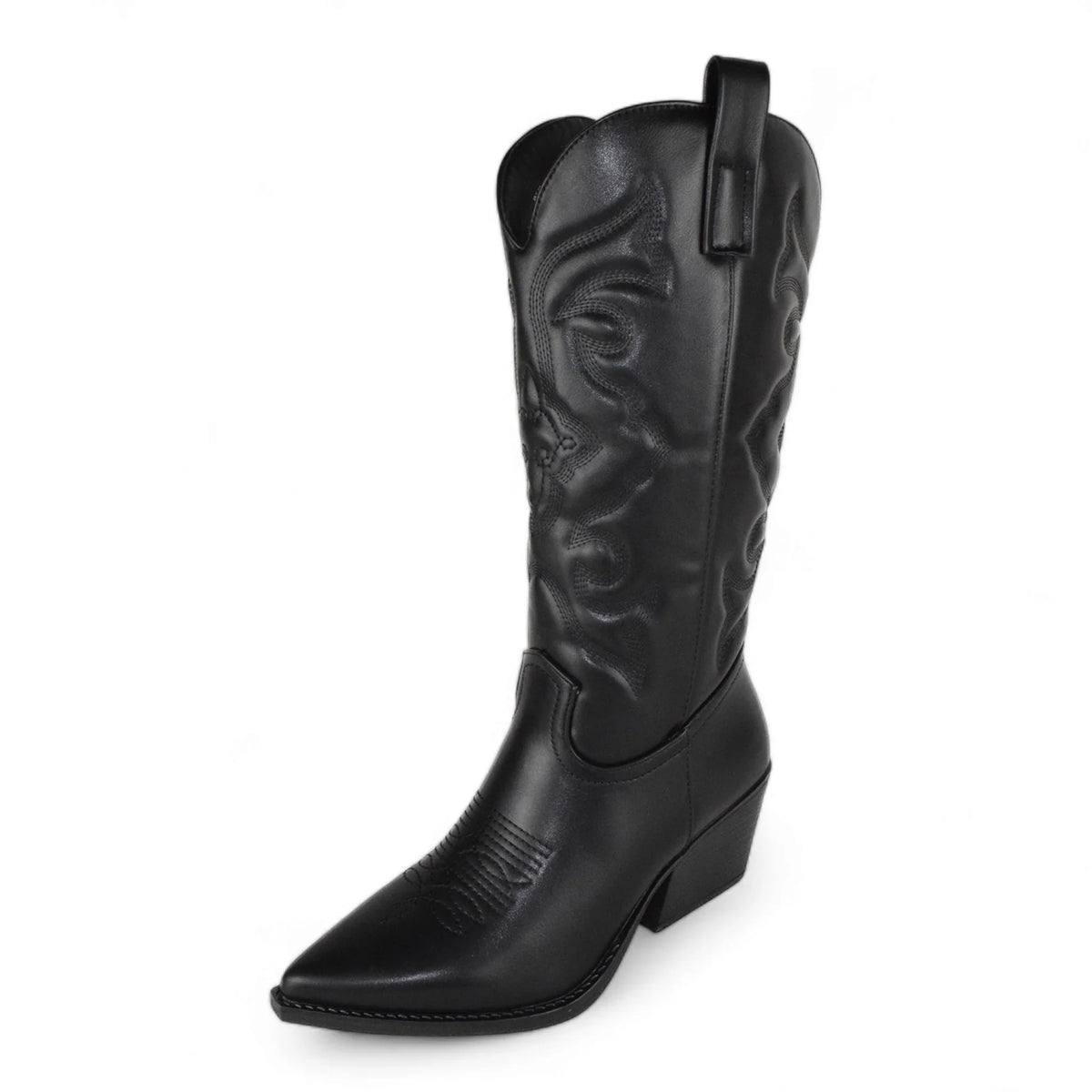 Black leather cowboy boot with pointed toe and decorative stitching from Country Girl Charm