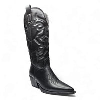 Black leather cowboy boot with pointed toe and decorative stitching from Country Girl Charm