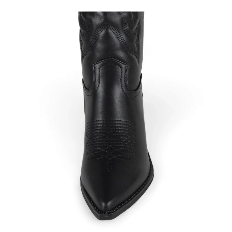 Black leather cowboy boot with pointed toe and decorative stitching from Country Girl Charm