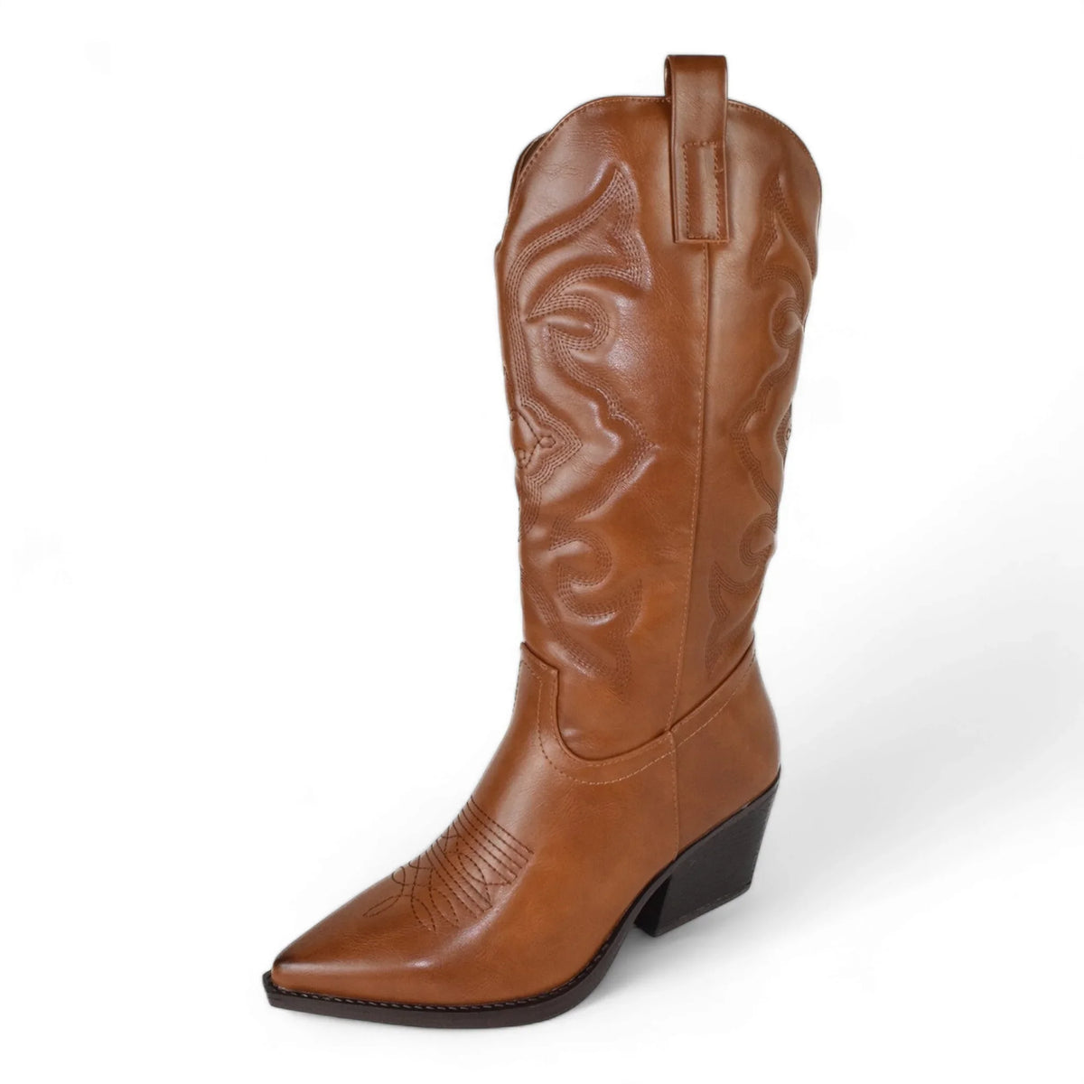 Brown leather cowboy boot with pointed toe and decorative stitching from Country Girl Charm