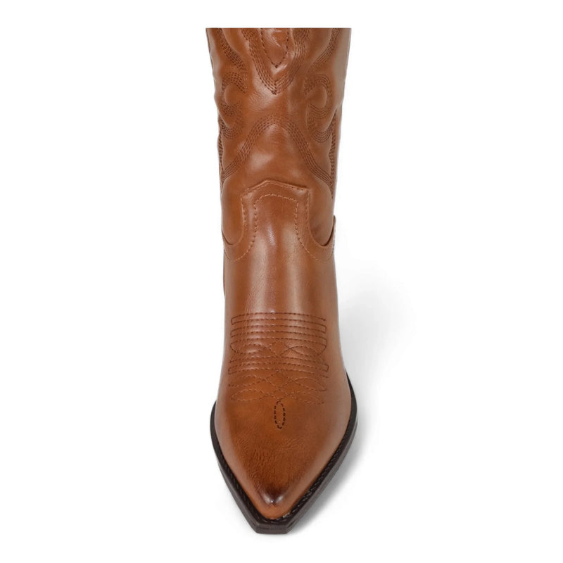 Tan leather cowboy boot with pointed toe and decorative stitching from Country Girl Charm