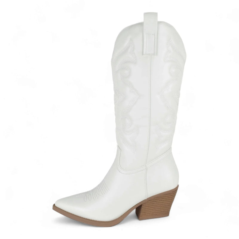 White leather cowboy boot with pointed toe and angled wooden heel in Country Girl Charm