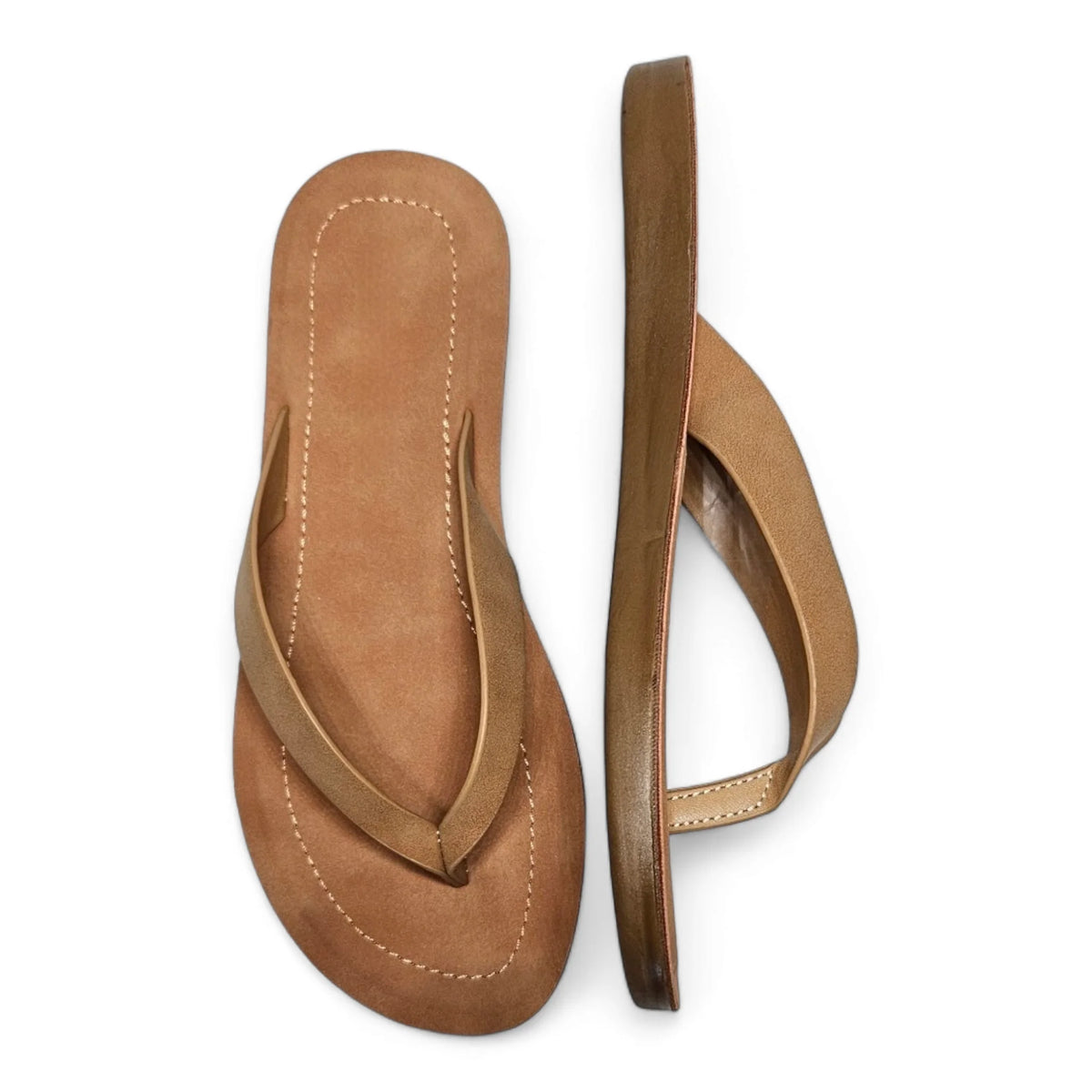 Tan leather Ella Flip Flops with flat soles for stylish summer comfort