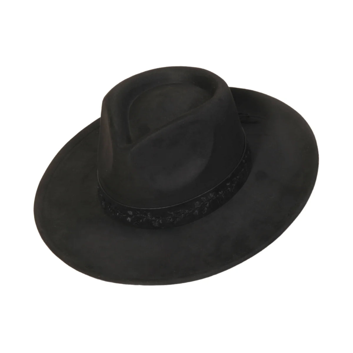 Black wide-brimmed fedora hat with embroidered flower strap for stylish fashion