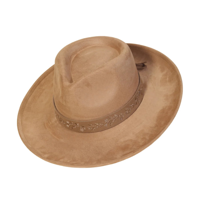 Tan fedora-style hat with decorative band, featuring an embroidered flower strap