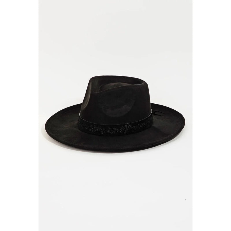 Black wide-brimmed fedora hat with braided band from the embroidered flower strap collection