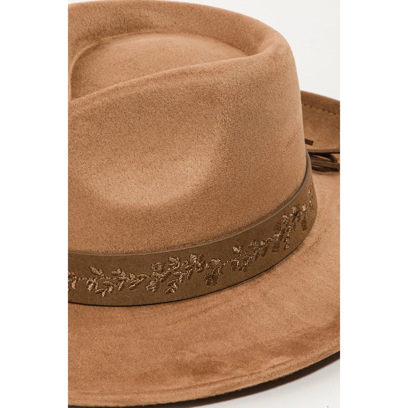 Tan felt fedora hat with olive-green band, perfect for the Embroidered Flower Strap Hat