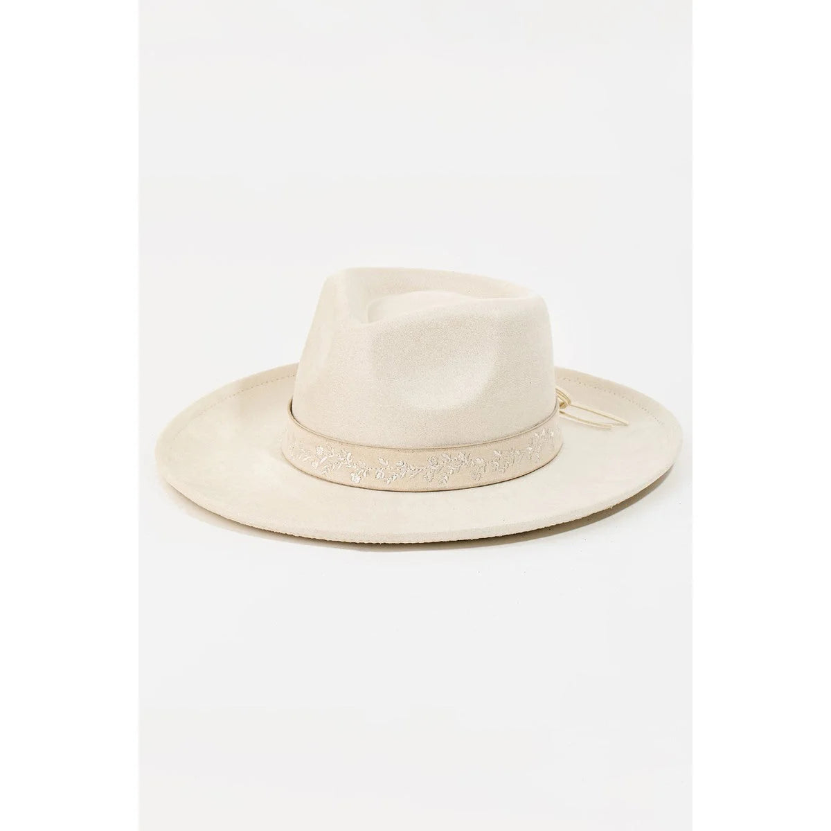 Wide-brimmed cream fedora hat with embroidered flower strap for stylish summer wear