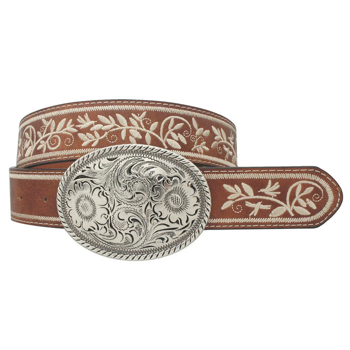 Western-style leather belt featuring floral embroidery and an ornate oval buckle