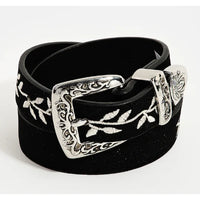 Black leather belt with silver buckle and white floral embroidery for Embroidered Suede Western