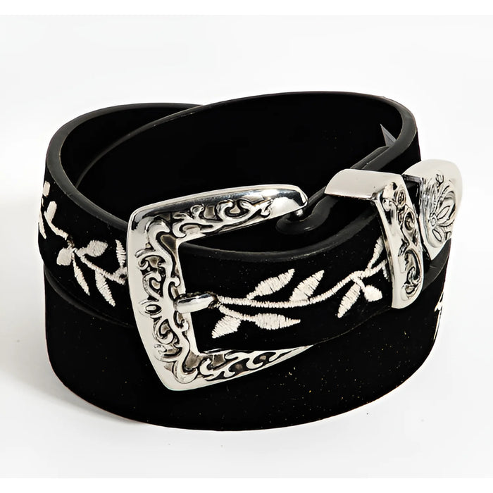 Embroidered Suede Western Belt - Black