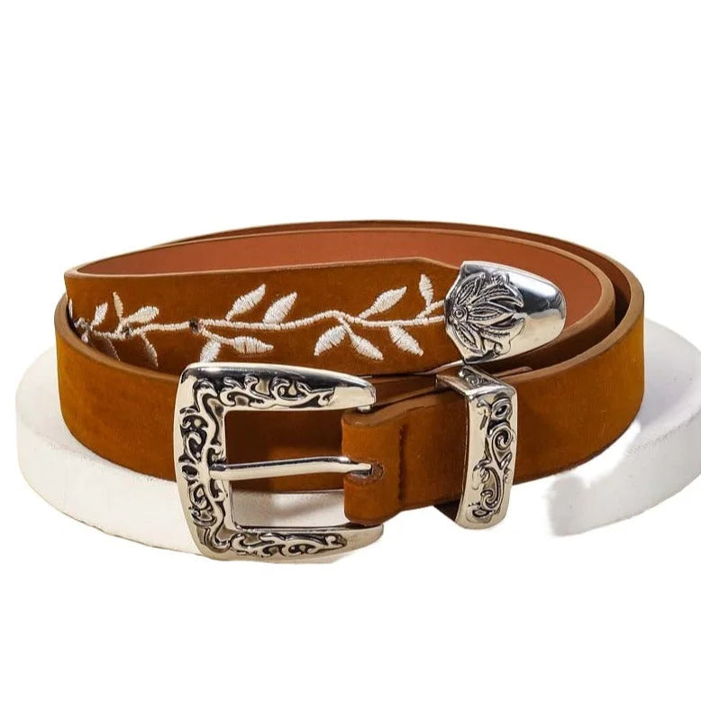 Brown leather belt with silver buckle and floral embroidery for embroidered suede western style