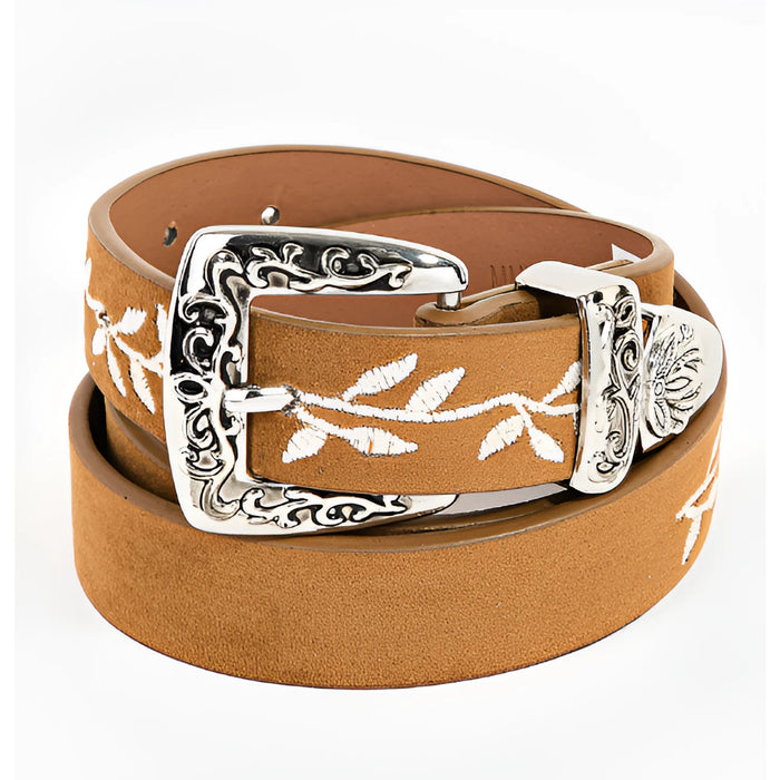 Embroidered Suede Western Belt - Brown