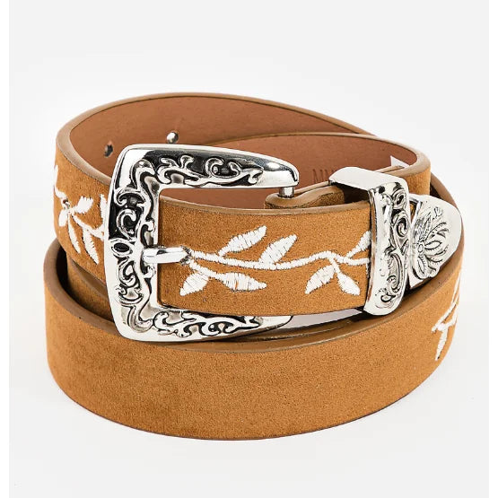 Tan leather embroidered suede western belt with white pattern and ornate silver buckle