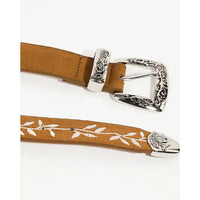 Tan leather embroidered suede western belt with floral embroidery and silver buckle