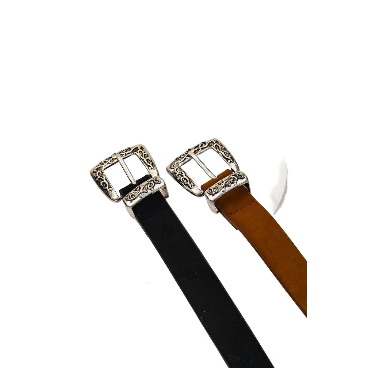 Two leather belts with ornate buckles, one black and one brown for embroidered suede western