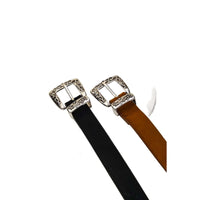 Two leather belts with ornate buckles, one black and one brown for embroidered suede western