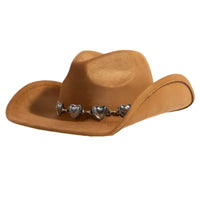 Tan cowboy hat with heart charms band and decorative silver heart-shaped trim