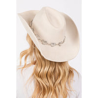 White cowboy hat with heart charms band and decorative silver crown embellishment