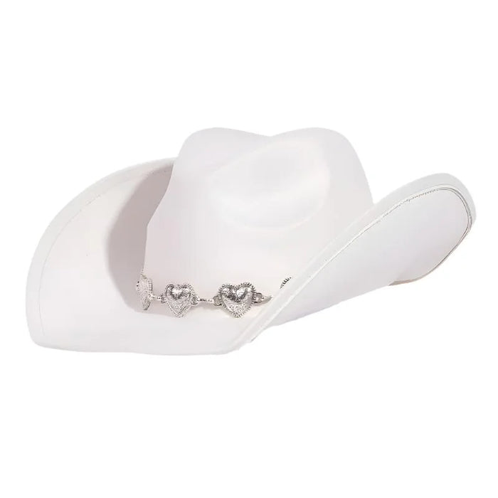 White cowboy hat with heart charms band and decorative silver heart accents