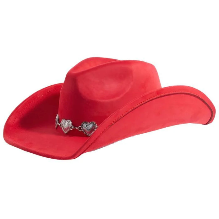 Red cowboy hat featuring a heart charms band for stylish western flair