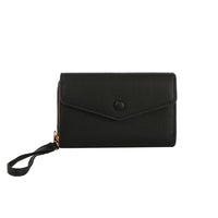 Black leather envelope wrist wallet with a stylish wrist strap for convenience