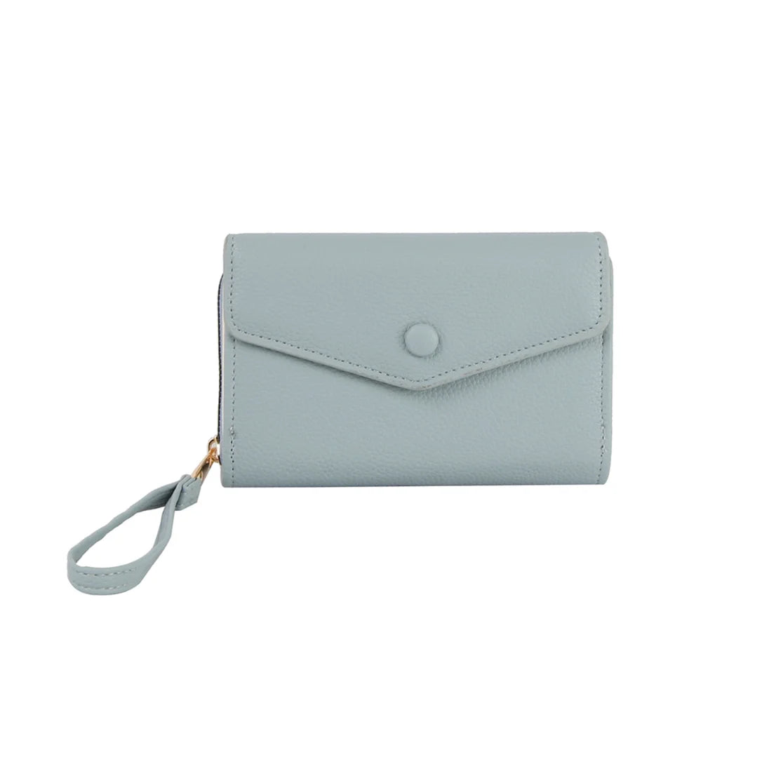 Pale blue leather Envelope Wrist Wallet with a wrist strap and snap closure