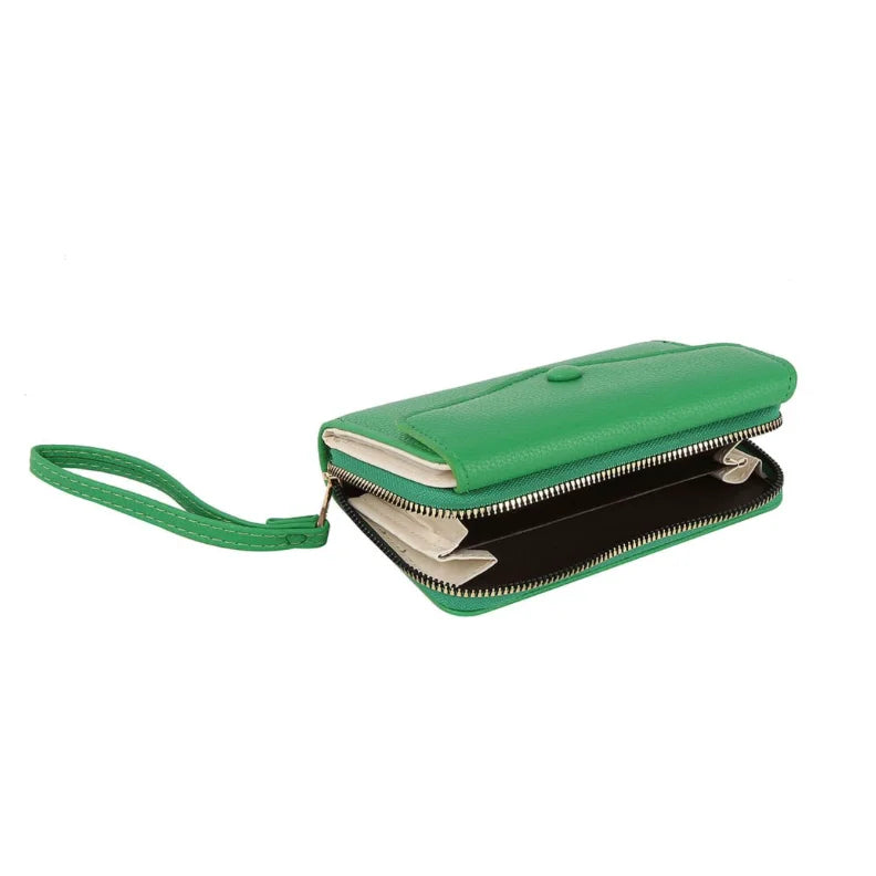 Green patent leather Envelope Wrist Wallet with wrist strap and zipper closure