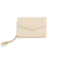 Beige leather envelope wrist wallet with wrist strap and flap closure