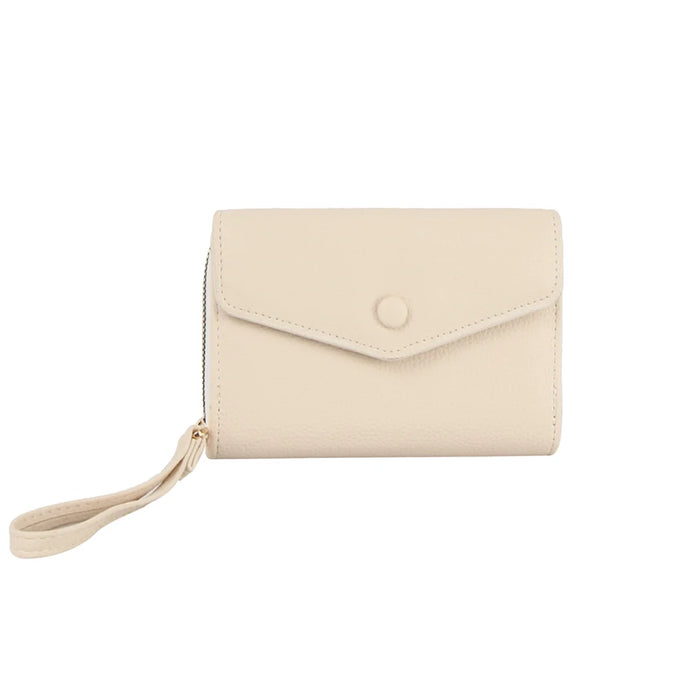 Beige leather envelope wrist wallet with wrist strap and flap closure