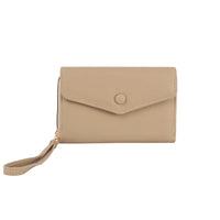 Beige leather Envelope Wrist Wallet with wrist strap and envelope-style flap closure