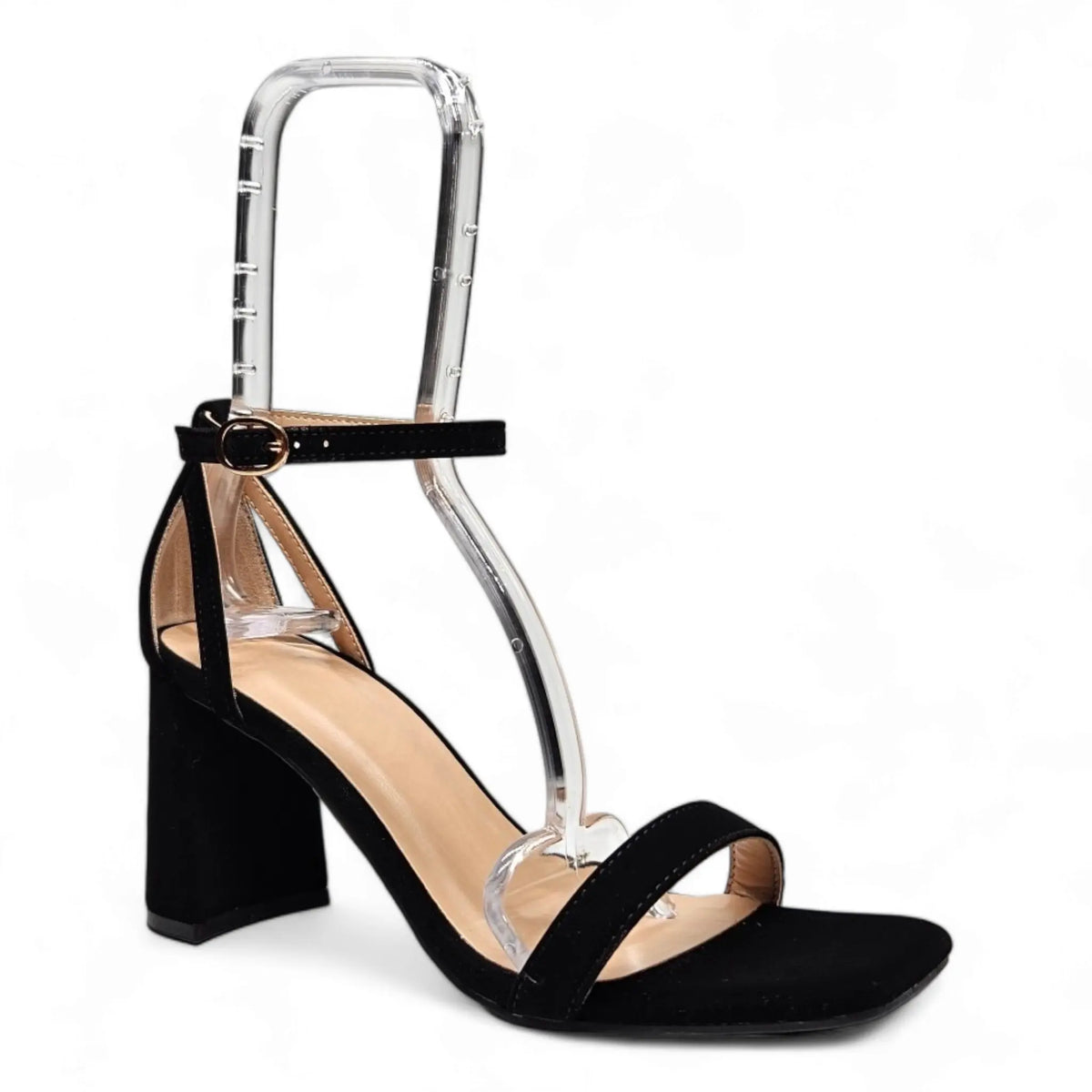 Black high-heeled sandal with ankle strap and chunky block heel from Closed Back Block Heel