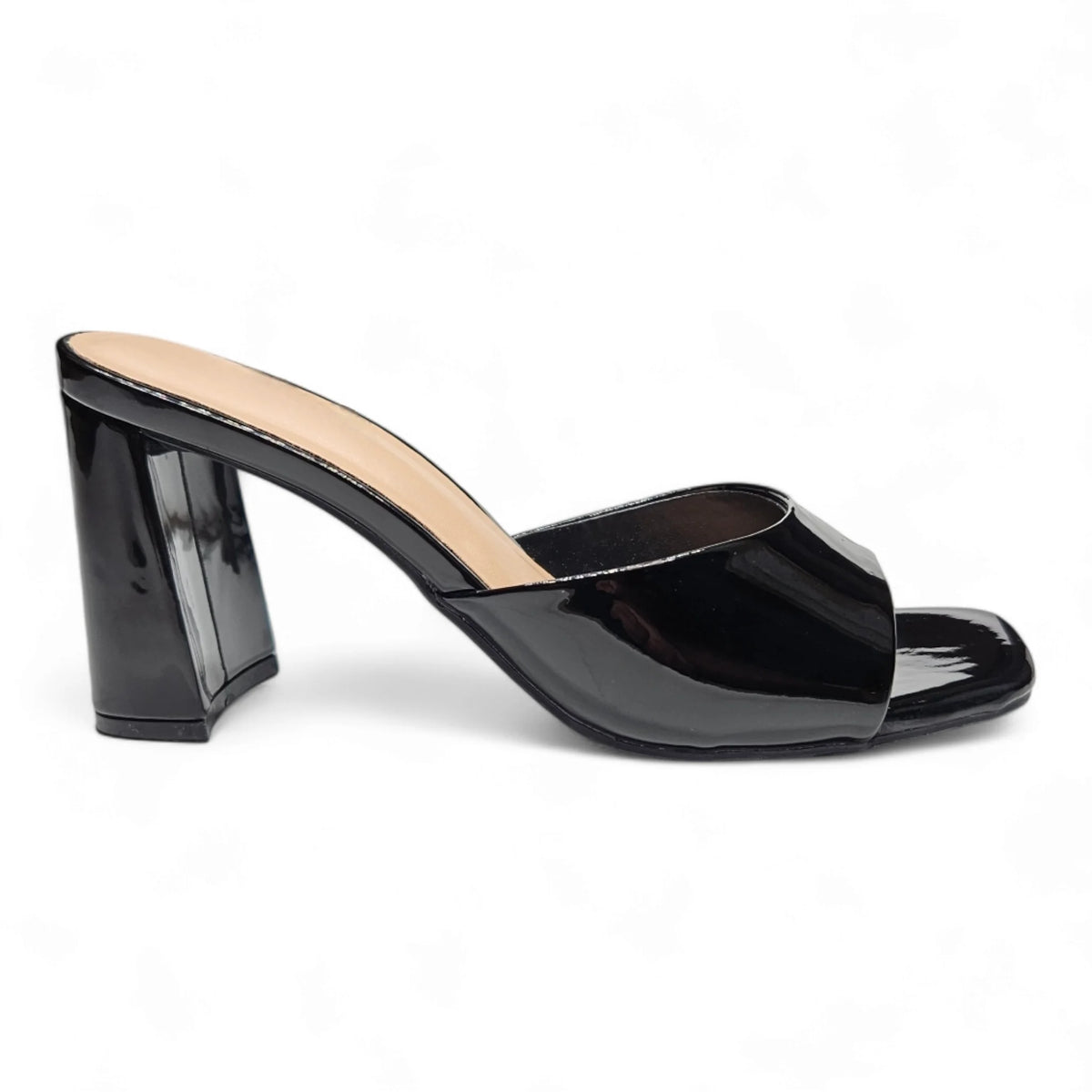 Black patent leather band mule slide sandal with a chunky block heel