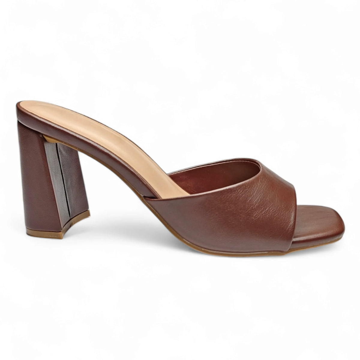 Brown leather band mule sandal with chunky block heel from Everlasting One Band Mule