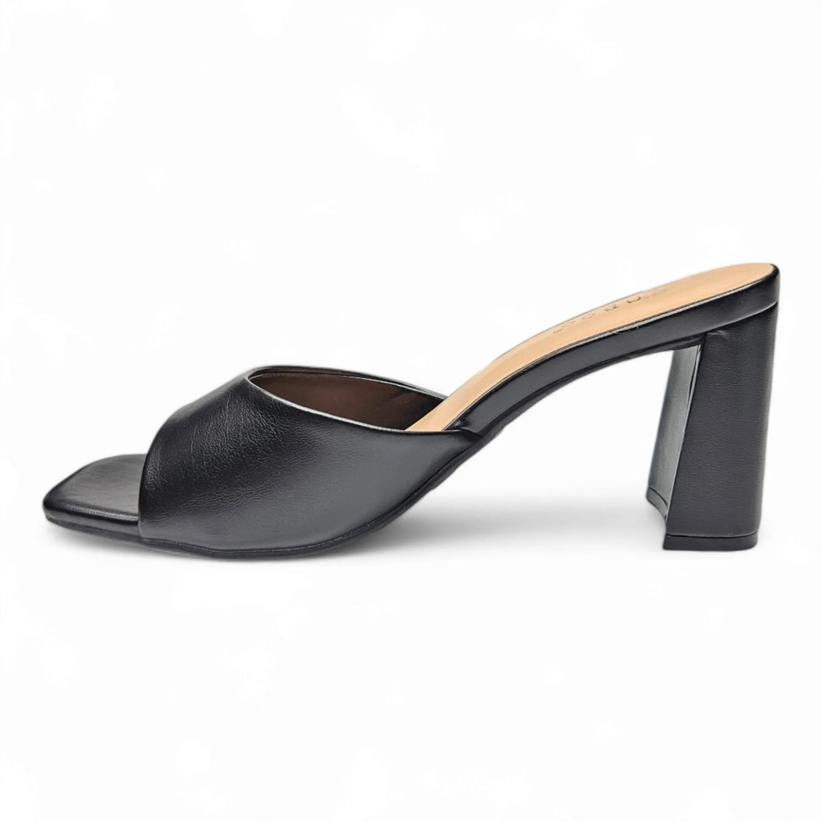 Black leather band mule sandal with chunky block heel named Everlasting One Band Mule