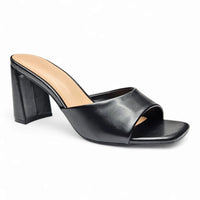 Black leather slide sandal with square toe and chunky block heel, Everlasting One Band Mule