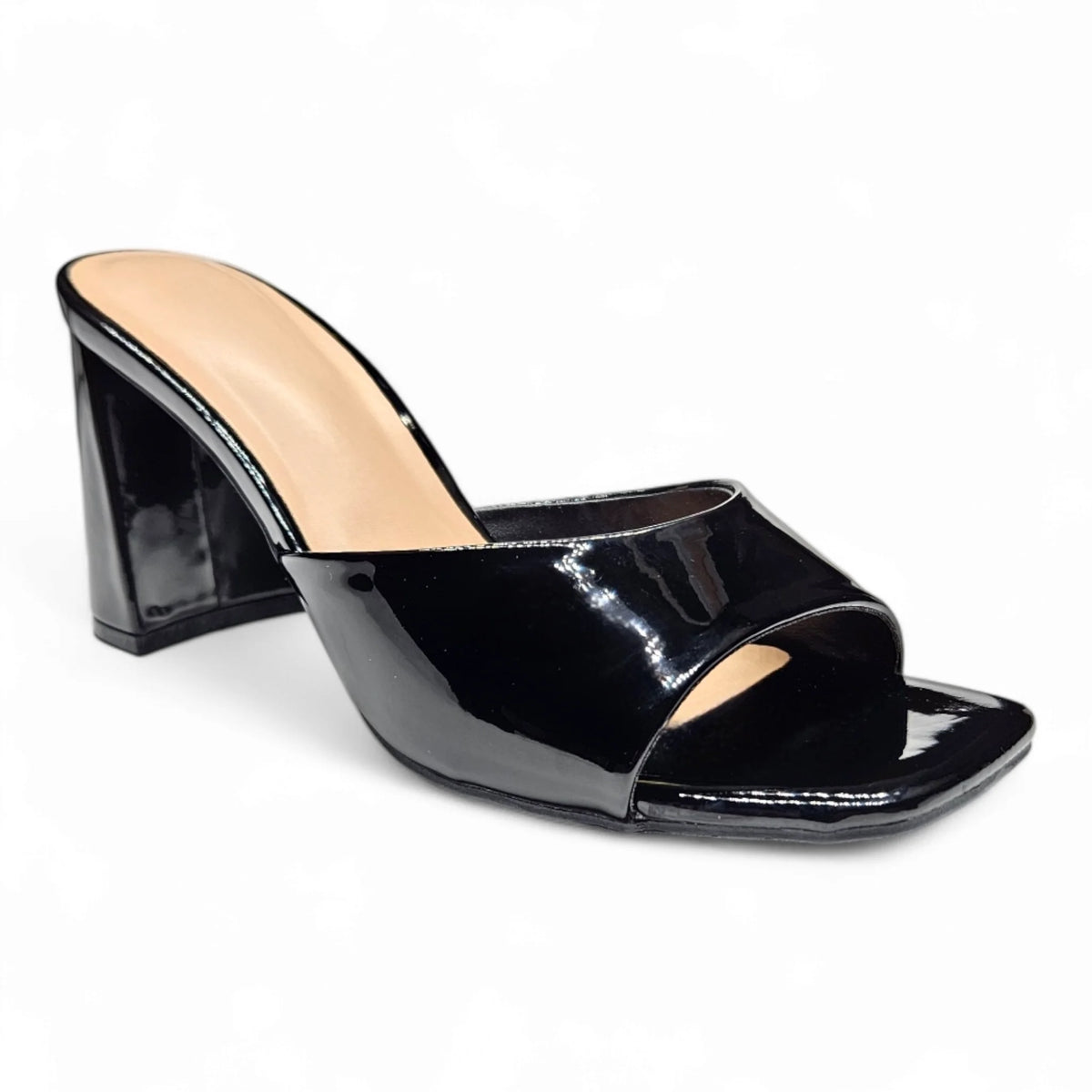 Black patent leather chunky heel band mule slide sandal for stylish comfort