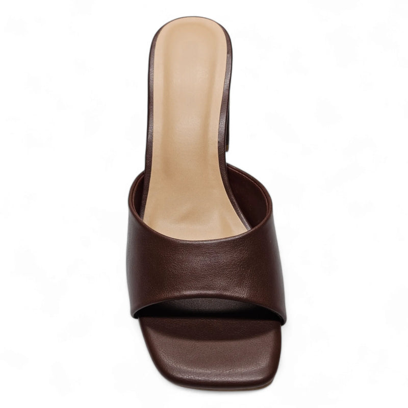 Brown leather slide sandal with square toe, featuring the Everlasting One Band Mule design