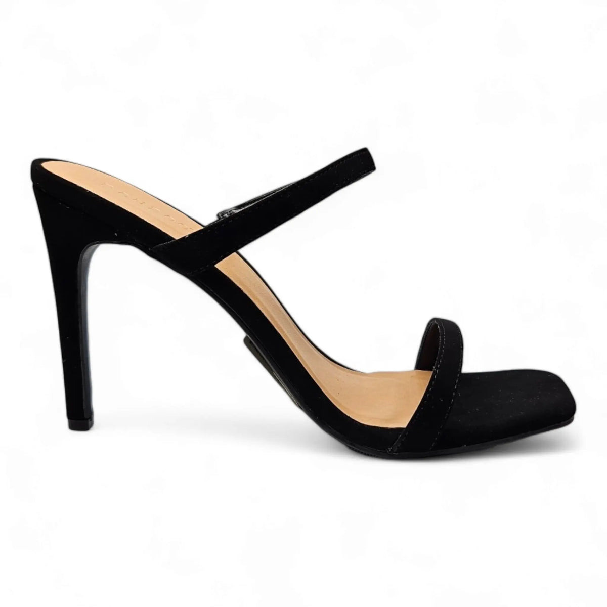 Black high-heeled sandal with double band straps and stiletto heel for elegant style