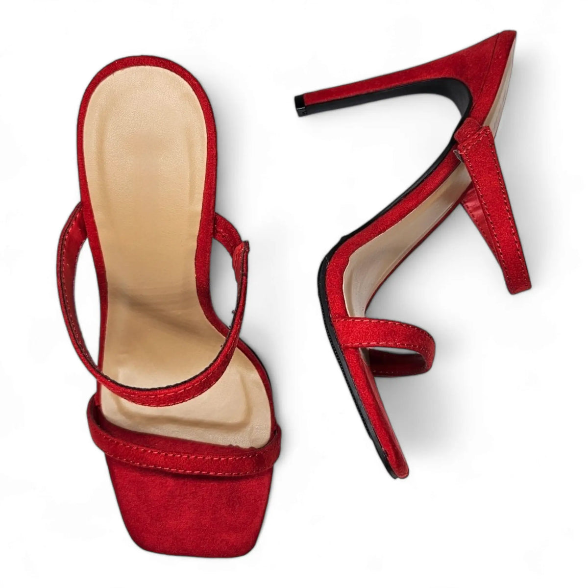 Pair of red high-heeled sandals featuring double band thin straps from Double Strap Stiletto