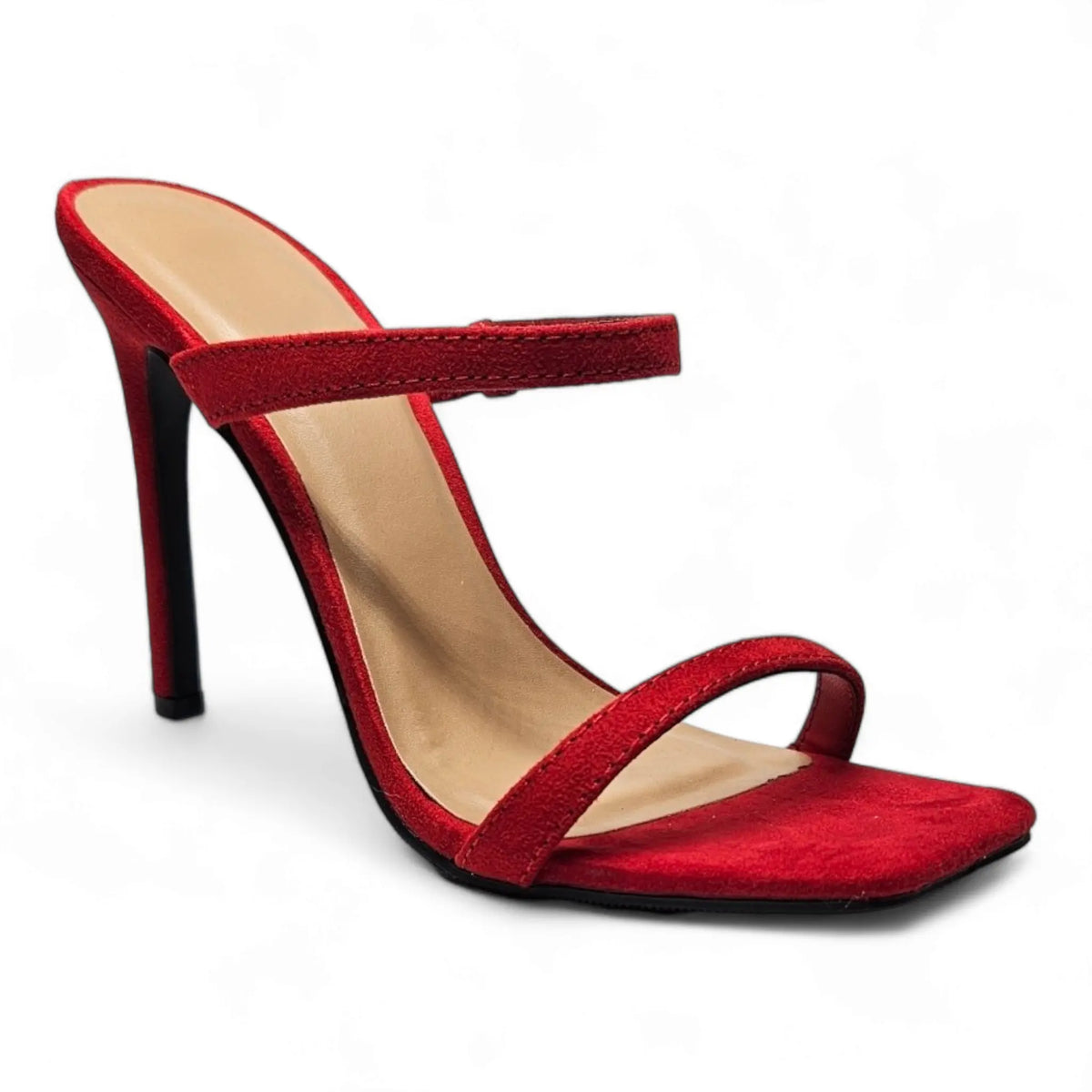 Red high-heeled Double Strap Stiletto sandal with thin straps and sleek design