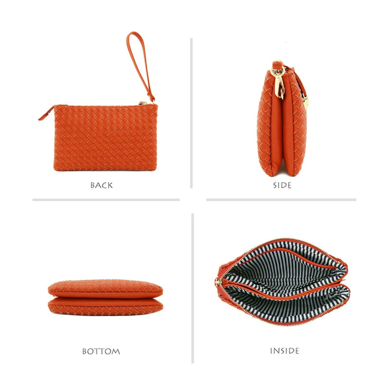 Orange woven leather clutch purse with striped lining, perfect for the Everyday Woven Buckle