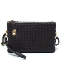 Black woven leather clutch bag with gold hardware, perfect for the Everyday Woven Buckle