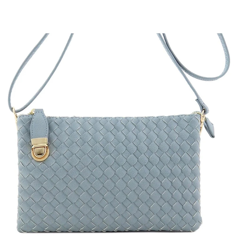 Light blue woven leather everyday woven buckle bag with gold clasp detail