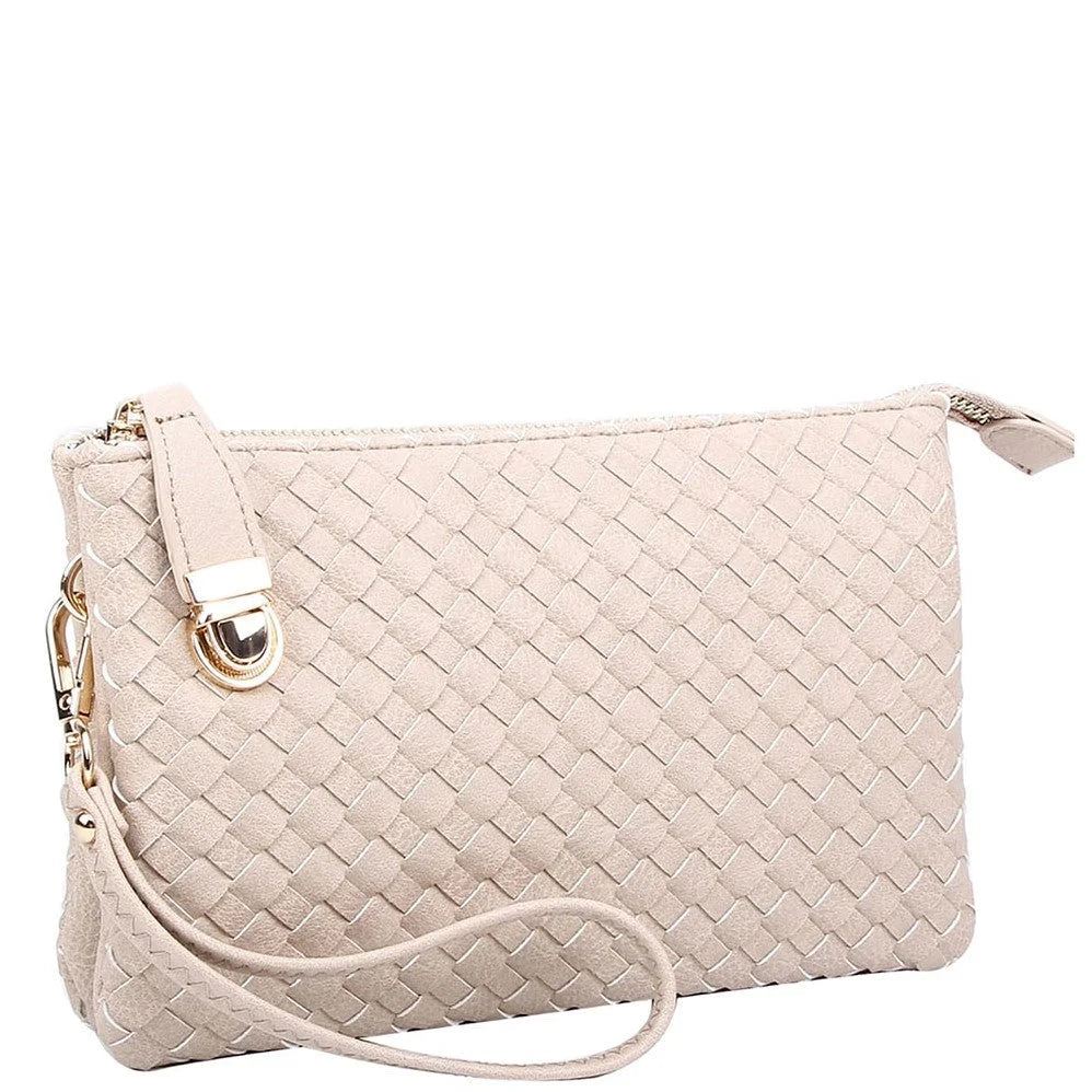 Beige woven leather clutch purse with wrist strap from Everyday Woven Buckle Bag