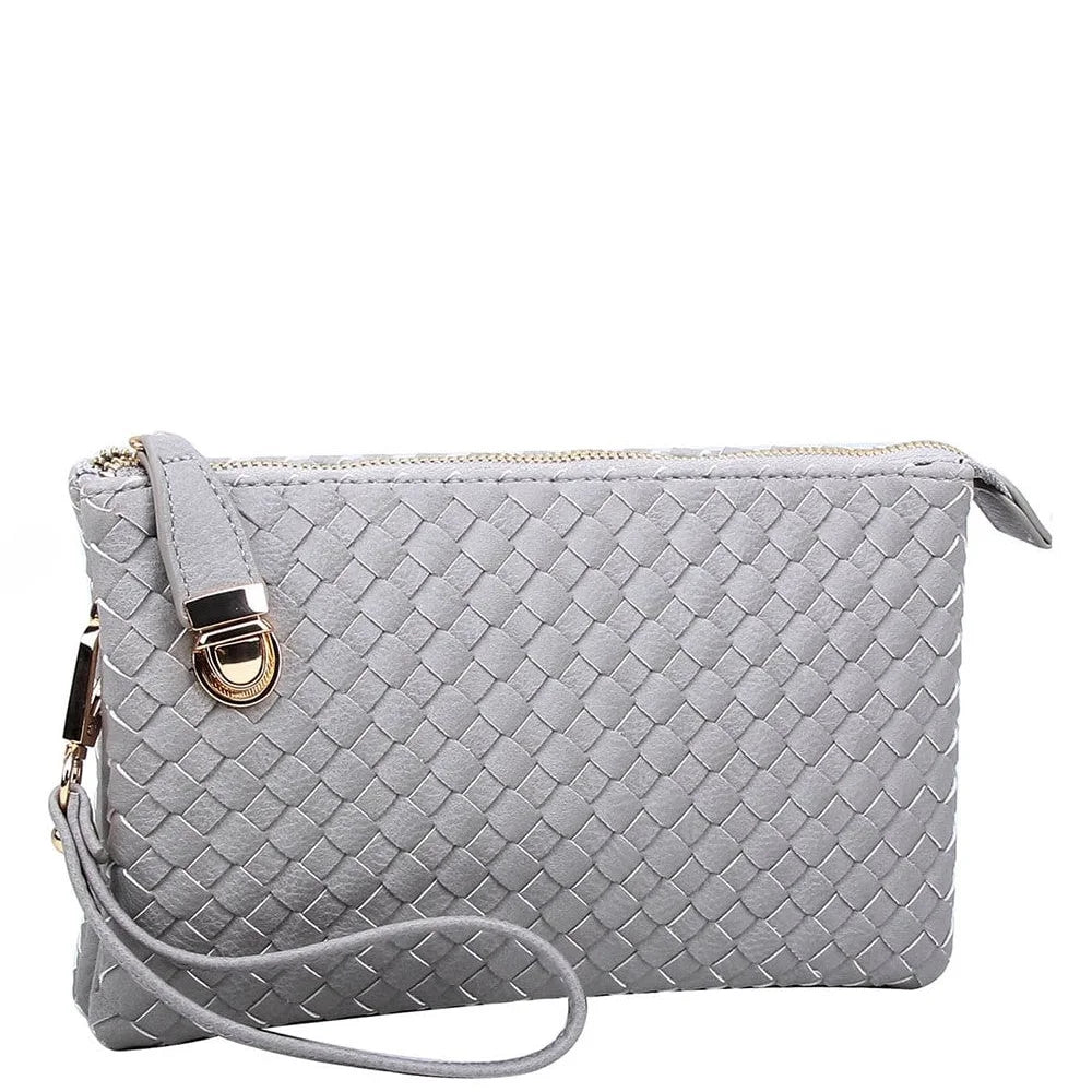 Gray woven leather clutch purse with wrist strap from the Everyday Woven Buckle Bag