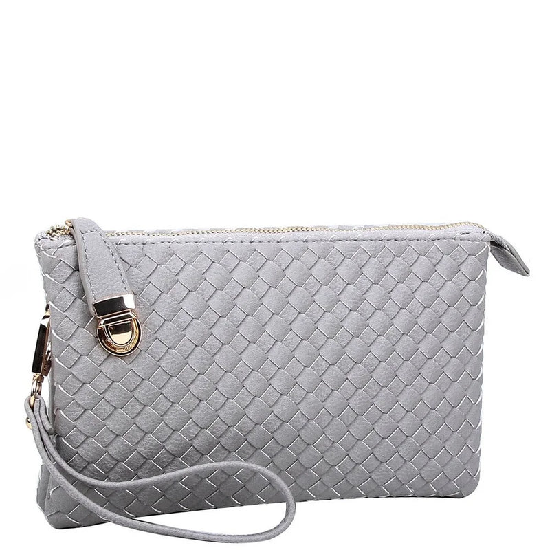 Gray woven leather clutch purse with wrist strap from the Everyday Woven Buckle Bag